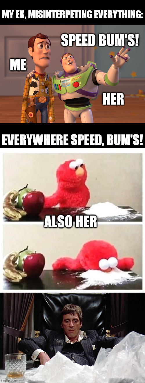 SPEED BUM'S! EVERYWHERE SPEED, BUM'S! MY EX, MISINTERPETING EVERYTHING: ME HER ALSO HER | image tagged in memes,x x everywhere,elmo cocaine,scarface | made w/ Imgflip meme maker
