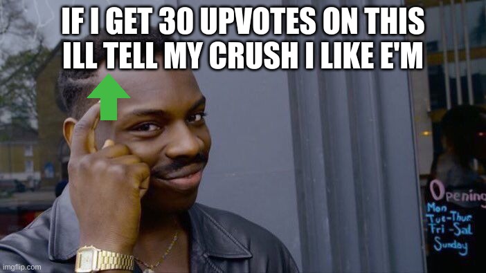 Untiteld | IF I GET 30 UPVOTES ON THIS ILL TELL MY CRUSH I LIKE E'M | image tagged in memes,roll safe think about it | made w/ Imgflip meme maker