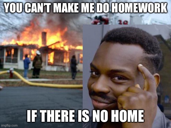 LOL |  YOU CAN’T MAKE ME DO HOMEWORK; IF THERE IS NO HOME | image tagged in funny,memes,repost,disaster girl,roll safe think about it | made w/ Imgflip meme maker