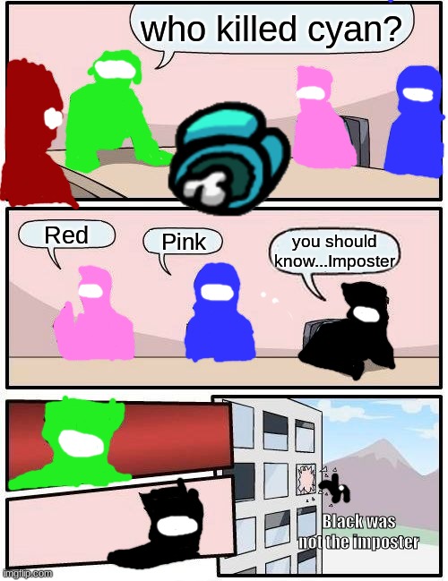 Voting | who killed cyan? Red; Pink; you should know...Imposter; Black was not the imposter | made w/ Imgflip meme maker