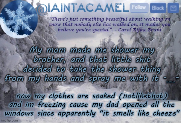 aeugh | My mom made me shower my brother, and that little shit decided to take the shower thing from my hands and spray me with it -__-; now my clothes are soaked (notlikethat) and im freezing cause my dad opened all the windows since apparently "it smells like cheeze" | image tagged in iaintacamel | made w/ Imgflip meme maker