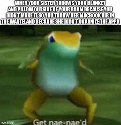 Get nae nae’d | WHEN YOUR SISTER THROWS YOUR BLANKET AND PILLOW OUTSIDE OF YOUR ROOM BECAUSE YOU DIDN’T MAKE IT SO YOU THROW HER MACBOOK AIR IN THE WASTELAND BECAUSE SHE DIDN’T ORGANIZE THE APPS | image tagged in get nae-nae'd | made w/ Imgflip meme maker