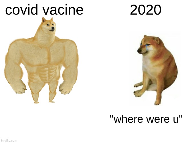 what we all think of covid vacines | covid vacine; 2020; "where were u" | image tagged in memes,buff doge vs cheems | made w/ Imgflip meme maker