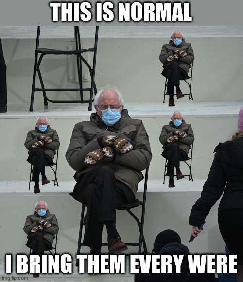 Bernie Mittens | THIS IS NORMAL; I BRING THEM EVERY WERE | image tagged in bernie mittens | made w/ Imgflip meme maker