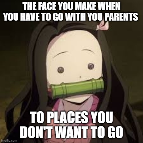 why parents | THE FACE YOU MAKE WHEN YOU HAVE TO GO WITH YOU PARENTS; TO PLACES YOU DON'T WANT TO GO | image tagged in a confused nezuko | made w/ Imgflip meme maker