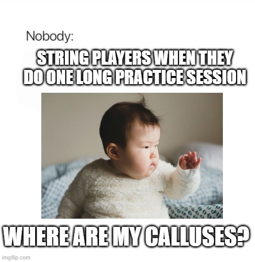Nobody | STRING PLAYERS WHEN THEY DO ONE LONG PRACTICE SESSION; WHERE ARE MY CALLUSES? | image tagged in nobody,music,stringplayers | made w/ Imgflip meme maker