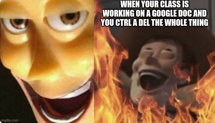 evil woody | WHEN YOUR CLASS IS WORKING ON A GOOGLE DOC AND YOU CTRL A DEL THE WHOLE THING | image tagged in woody | made w/ Imgflip meme maker