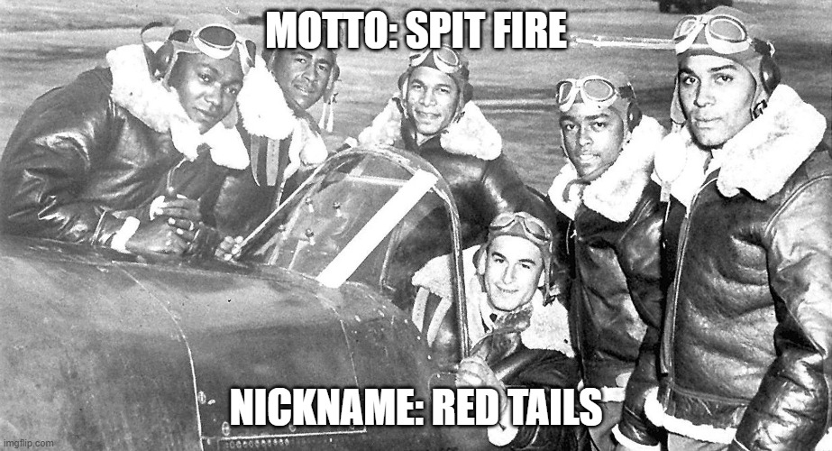 Tuskegee Airmen | MOTTO: SPIT FIRE; NICKNAME: RED TAILS | image tagged in world war 2 | made w/ Imgflip meme maker