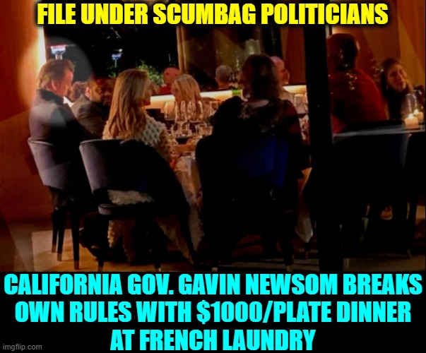 There are 2 Sets of Rules: the Ones for Them& the Ones for Us | FILE UNDER SCUMBAG POLITICIANS CALIFORNIA GOV. GAVIN NEWSOM BREAKS
OWN RULES WITH $1000/PLATE DINNER
AT FRENCH LAUNDRY | image tagged in vince vance,governor,gavin newsom,corrupt,lockdown,memes | made w/ Imgflip meme maker