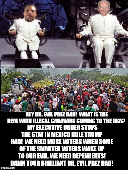 Damn your brilliant! Dr. Evil Prez Dad! | HEY DR. EVIL PREZ DAD!  WHAT IS THE DEAL WITH ILLEGAL CARAVANS COMING TO THE USA? MY EXECUTIVE ORDER STOPS THE STAY IN MEXICO RULE TRUMP HAD!  WE NEED MORE VOTERS WHEN SOME OF THE SMARTER VOTERS WAKE UP TO OUR EVIL. WE NEED DEPENDENTS!  DAMN YOUR BRILLIANT DR. EVIL PREZ DAD! | image tagged in stupid liberals,biden,illegal aliens | made w/ Imgflip meme maker