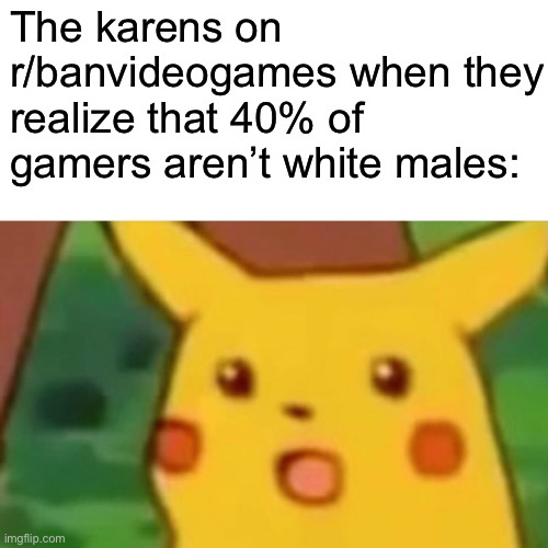 Surprised Pikachu | The karens on r/banvideogames when they realize that 40% of gamers aren’t white males: | image tagged in memes,surprised pikachu | made w/ Imgflip meme maker