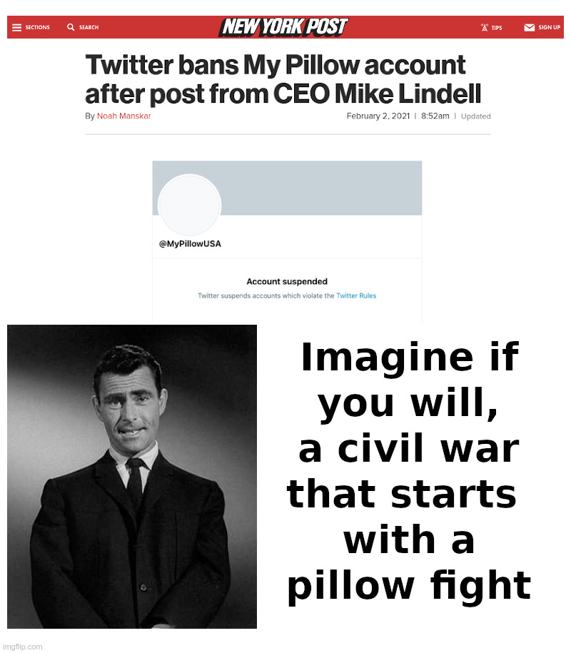 Imagine If You Will, A Civil War That Starts With A Pillow Fight | image tagged in big tech,censorship,twitter,mike lindell,mypillow,twilight zone | made w/ Imgflip meme maker