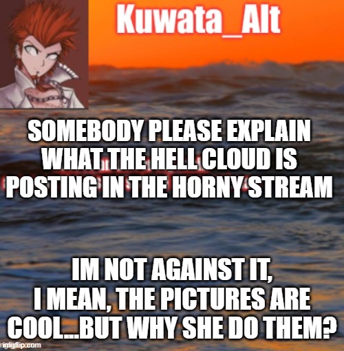 SOMEBODY PLEASE EXPLAIN WHAT THE HELL CLOUD IS POSTING IN THE HORNY STREAM; IM NOT AGAINST IT, I MEAN, THE PICTURES ARE COOL...BUT WHY SHE DO THEM? | made w/ Imgflip meme maker
