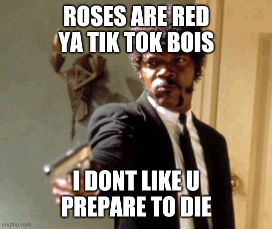 Tik tok go down | ROSES ARE RED
YA TIK TOK BOIS; I DONT LIKE U
PREPARE TO DIE | image tagged in memes,tik tok sucks | made w/ Imgflip meme maker