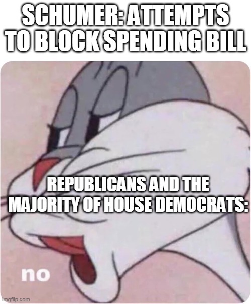 Bugs Bunny No | SCHUMER: ATTEMPTS TO BLOCK SPENDING BILL; REPUBLICANS AND THE MAJORITY OF HOUSE DEMOCRATS: | image tagged in bugs bunny no | made w/ Imgflip meme maker