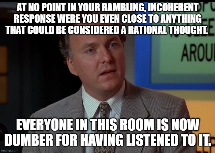Insult | AT NO POINT IN YOUR RAMBLING, INCOHERENT RESPONSE WERE YOU EVEN CLOSE TO ANYTHING THAT COULD BE CONSIDERED A RATIONAL THOUGHT. EVERYONE IN THIS ROOM IS NOW DUMBER FOR HAVING LISTENED TO IT. | image tagged in insult guy | made w/ Imgflip meme maker