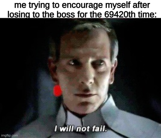 I will not fail | me trying to encourage myself after losing to the boss for the 69420th time: | image tagged in i will not fail | made w/ Imgflip meme maker