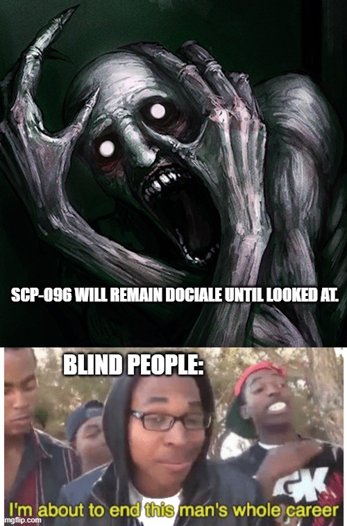 SCP-096 WILL REMAIN DOCIALE UNTIL LOOKED AT. BLIND PEOPLE: | image tagged in i'm gonna end this man's whole career,scp | made w/ Imgflip meme maker