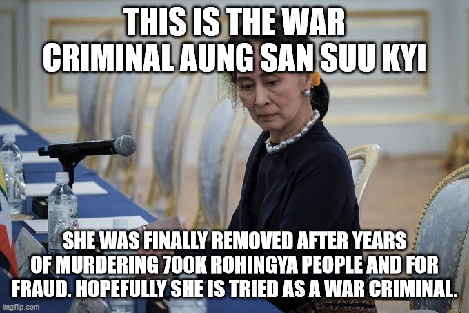 Aung San Suu Kyi war criminal and fraudster thinks the world is stupid. | THIS IS THE WAR CRIMINAL AUNG SAN SUU KYI; SHE WAS FINALLY REMOVED AFTER YEARS OF MURDERING 700K ROHINGYA PEOPLE AND FOR FRAUD. HOPEFULLY SHE IS TRIED AS A WAR CRIMINAL. | image tagged in aung san suu kyi,war criminal,genocide,rohingya people,justice | made w/ Imgflip meme maker