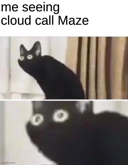 ... | me seeing cloud call Maze | image tagged in oh no black cat | made w/ Imgflip meme maker