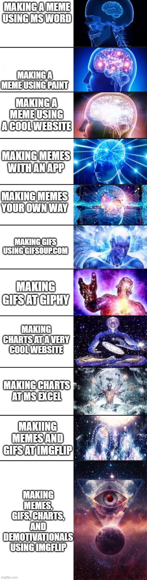 Extended Expanding Brain | MAKING A MEME USING MS WORD; MAKING A MEME USING PAINT; MAKING A MEME USING A COOL WEBSITE; MAKING MEMES WITH AN APP; MAKING MEMES YOUR OWN WAY; MAKING GIFS USING GIFSOUP.COM; MAKING GIFS AT GIPHY; MAKING CHARTS AT A VERY COOL WEBSITE; MAKING CHARTS AT MS EXCEL; MAKIING MEMES AND GIFS AT IMGFLIP; MAKING MEMES, GIFS, CHARTS, AND DEMOTIVATIONALS USING IMGFLIP | image tagged in extended expanding brain | made w/ Imgflip meme maker