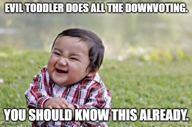 Evil Toddler Meme | EVIL TODDLER DOES ALL THE DOWNVOTING. YOU SHOULD KNOW THIS ALREADY. | image tagged in memes,evil toddler | made w/ Imgflip meme maker