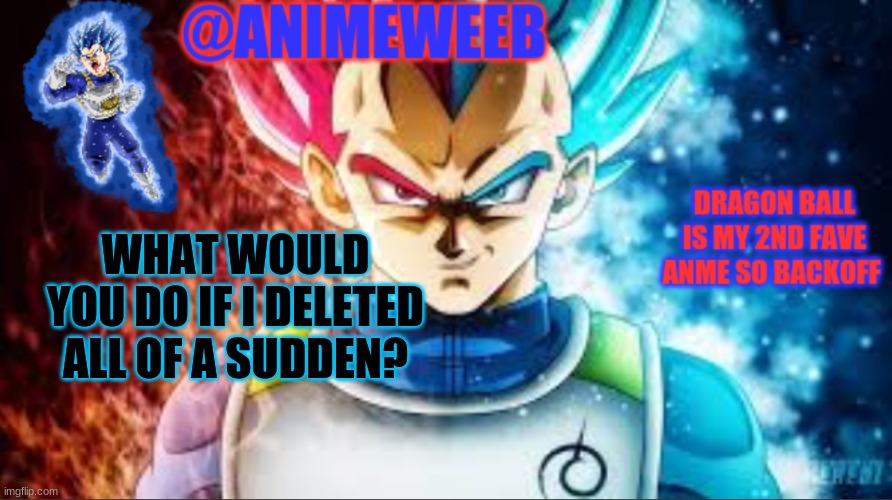 truths peeps | WHAT WOULD YOU DO IF I DELETED ALL OF A SUDDEN? | image tagged in animeweebs vegeta temp | made w/ Imgflip meme maker