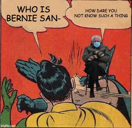 How Dare You | WHO IS BERNIE SAN-; HOW DARE YOU NOT KNOW SUCH A THING | image tagged in memes,batman slapping robin | made w/ Imgflip meme maker