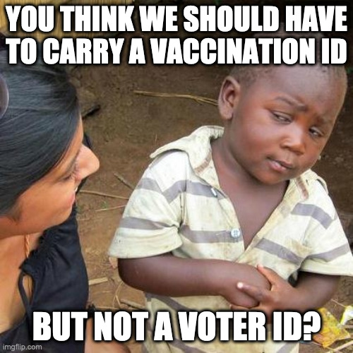 Third World Skeptical Kid | YOU THINK WE SHOULD HAVE TO CARRY A VACCINATION ID; BUT NOT A VOTER ID? | image tagged in memes,third world skeptical kid | made w/ Imgflip meme maker