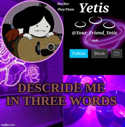 yass | DESCRIDE ME IN THREE WORDS | image tagged in yetis vibes | made w/ Imgflip meme maker