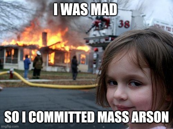 Disaster Girl | I WAS MAD; SO I COMMITTED MASS ARSON | image tagged in memes,disaster girl | made w/ Imgflip meme maker