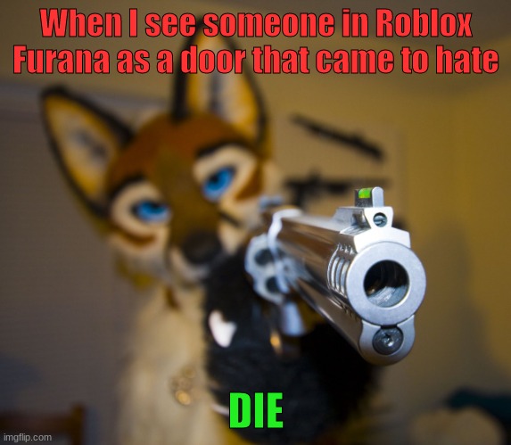 furry with gun - Roblox Furana | When I see someone in Roblox Furana as a door that came to hate; DIE | image tagged in furry with gun,furry,haters,ugh,roblox | made w/ Imgflip meme maker