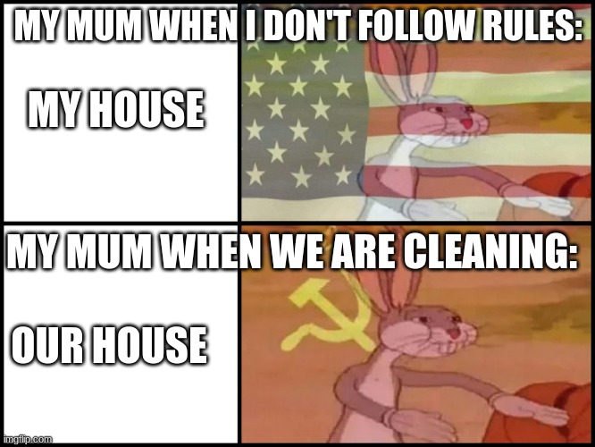 Capitalist and communist | MY MUM WHEN I DON'T FOLLOW RULES:; MY HOUSE; MY MUM WHEN WE ARE CLEANING:; OUR HOUSE | image tagged in capitalist and communist | made w/ Imgflip meme maker