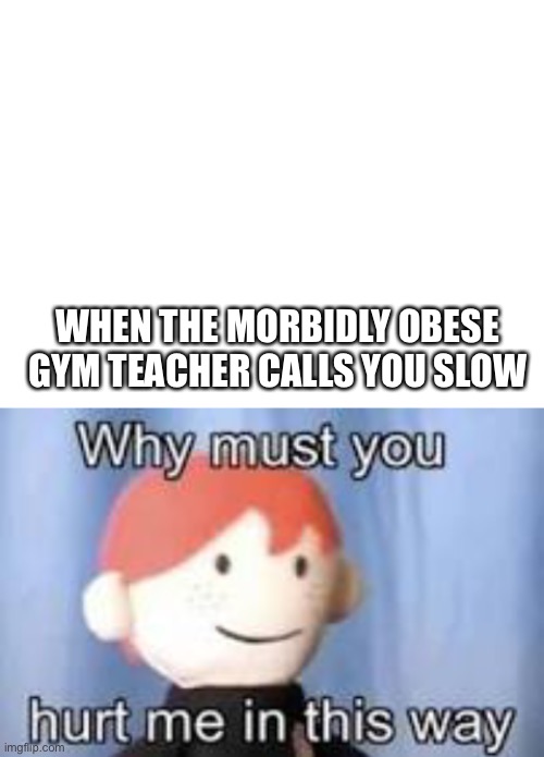 WHEN THE MORBIDLY OBESE GYM TEACHER CALLS YOU SLOW | image tagged in blank white template,why must you hurt me in this way | made w/ Imgflip meme maker