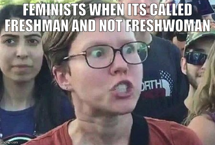 Triggered Liberal | FEMINISTS WHEN ITS CALLED FRESHMAN AND NOT FRESHWOMAN | image tagged in triggered liberal | made w/ Imgflip meme maker