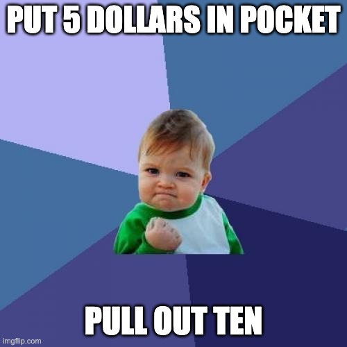 Success Kid | PUT 5 DOLLARS IN POCKET; PULL OUT TEN | image tagged in memes,success kid | made w/ Imgflip meme maker