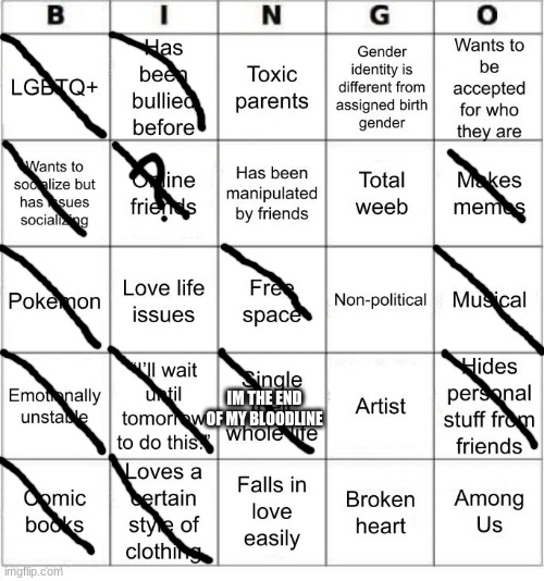 The text in this brings a lot of stress to me | IM THE END OF MY BLOODLINE | image tagged in jer-sama's bingo | made w/ Imgflip meme maker