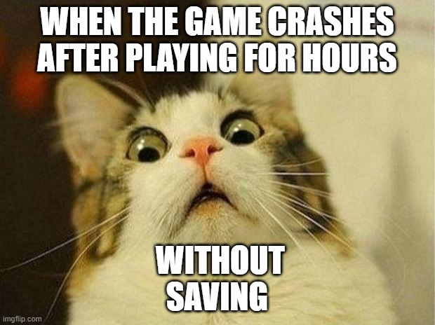 don't forget to save | WHEN THE GAME CRASHES
AFTER PLAYING FOR HOURS; WITHOUT SAVING | image tagged in memes,scared cat | made w/ Imgflip meme maker