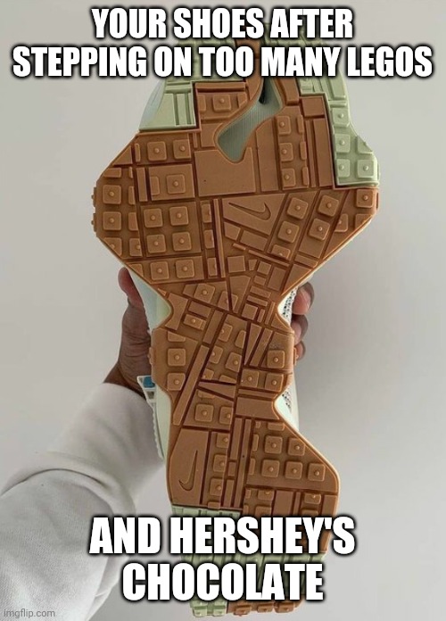 Nike Lego shoes | YOUR SHOES AFTER STEPPING ON TOO MANY LEGOS; AND HERSHEY'S CHOCOLATE | image tagged in nike,memes,lego | made w/ Imgflip meme maker