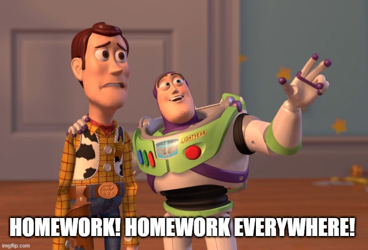 Homeworks for Buzz and Woody! | HOMEWORK! HOMEWORK EVERYWHERE! | image tagged in memes,x x everywhere | made w/ Imgflip meme maker