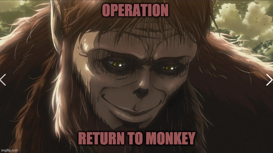 OPERATION:  RETURN TO MONKEY | OPERATION; RETURN TO MONKEY | image tagged in attack on titan,monkey,gorilla,dank memes,memes,funny memes | made w/ Imgflip meme maker
