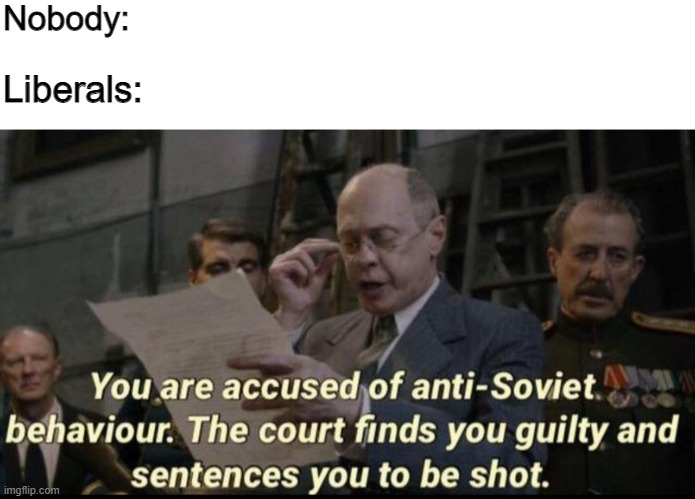 off to the gulag | Nobody:; Liberals: | image tagged in you are accused of anti-soviet behavior,twitter,stupid liberals | made w/ Imgflip meme maker