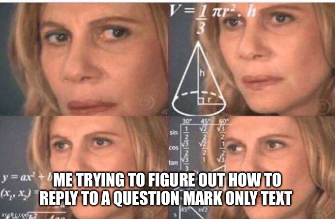 Math lady/Confused lady | ME TRYING TO FIGURE OUT HOW TO REPLY TO A QUESTION MARK ONLY TEXT | image tagged in math lady/confused lady | made w/ Imgflip meme maker