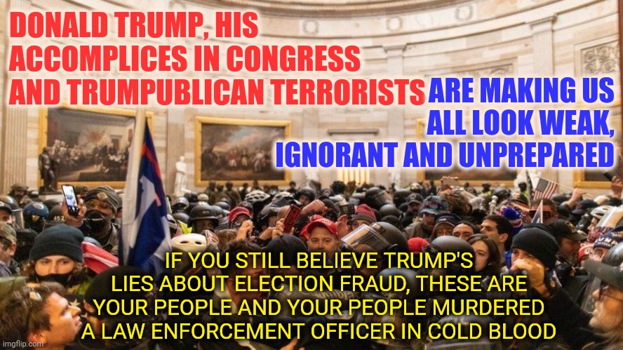 Terrorism Or Ignorance ? | DONALD TRUMP, HIS ACCOMPLICES IN CONGRESS AND TRUMPUBLICAN TERRORISTS; ARE MAKING US ALL LOOK WEAK, IGNORANT AND UNPREPARED; IF YOU STILL BELIEVE TRUMP'S LIES ABOUT ELECTION FRAUD, THESE ARE YOUR PEOPLE AND YOUR PEOPLE MURDERED A LAW ENFORCEMENT OFFICER IN COLD BLOOD | image tagged in capitol protestors,memes,gop crap,gop hypocrite,lock them up,terrorism | made w/ Imgflip meme maker