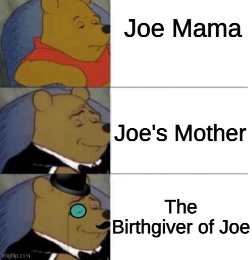 Tuxedo Winnie the Pooh (3 panel) | Joe Mama; Joe's Mother; The Birthgiver of Joe | image tagged in tuxedo winnie the pooh 3 panel,joe | made w/ Imgflip meme maker