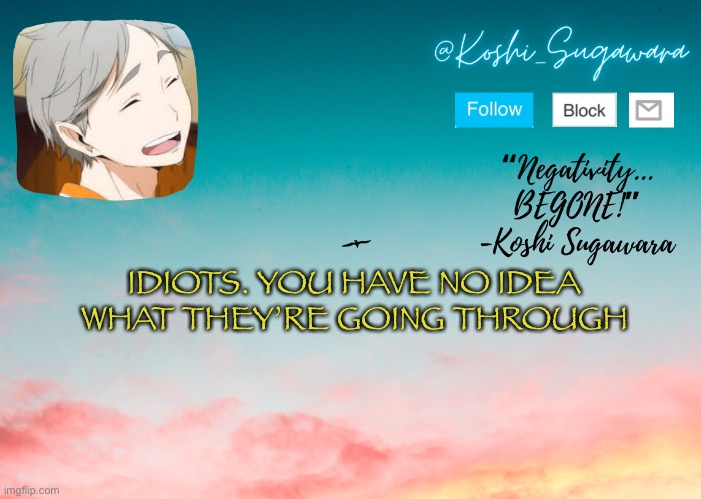 You know who you are :D | IDIOTS. YOU HAVE NO IDEA WHAT THEY’RE GOING THROUGH | image tagged in koshi temp | made w/ Imgflip meme maker