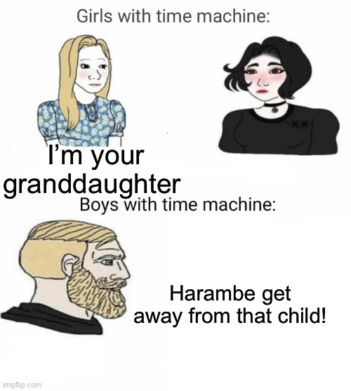 May he R.I.P | I’m your granddaughter; Harambe get away from that child! | image tagged in time machine | made w/ Imgflip meme maker