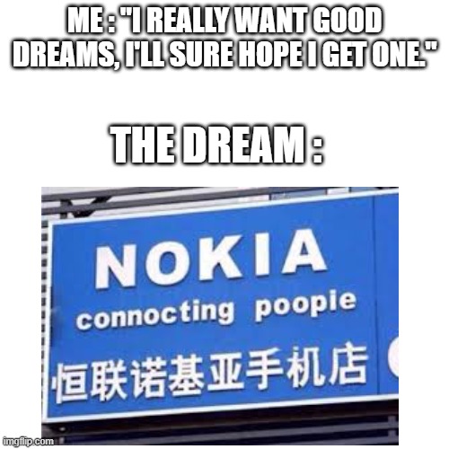 connocting poopie | ME : "I REALLY WANT GOOD DREAMS, I'LL SURE HOPE I GET ONE."; THE DREAM : | image tagged in unfunny,memes,fun | made w/ Imgflip meme maker