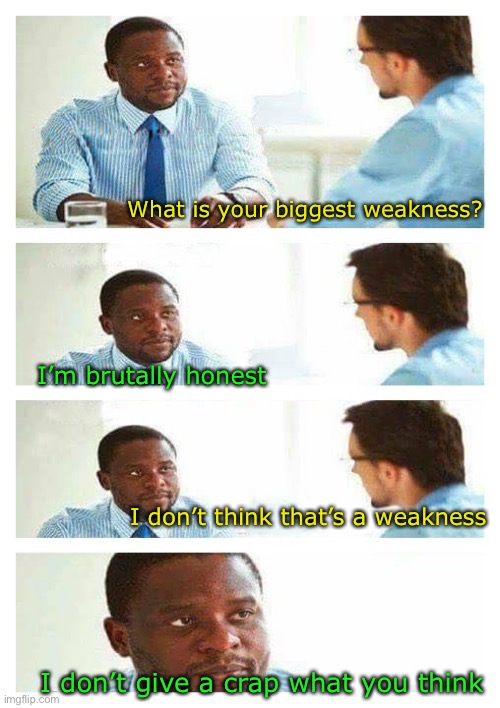 Brutally honest job interview | What is your biggest weakness? I’m brutally honest; I don’t think that’s a weakness; I don’t give a crap what you think | image tagged in interview about unicorns,job interview,honesty | made w/ Imgflip meme maker