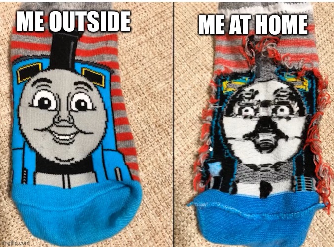 ME OUTSIDE; ME AT HOME | image tagged in thomas,bruh,relatable,lol | made w/ Imgflip meme maker